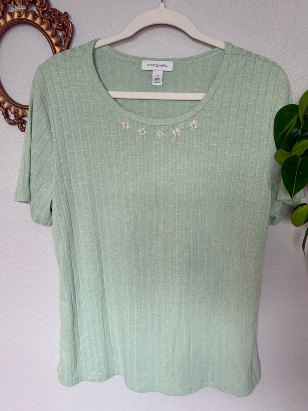 Mint Sage Green Ribbed Short Sleeve Top with Floral Embroidered Detail